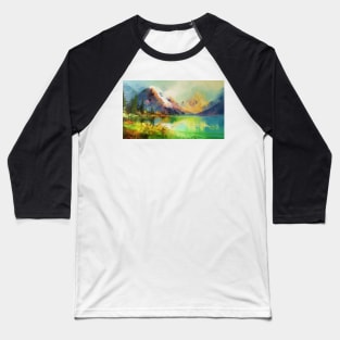 Majestic Peaks and Serene Lakes: A Vibrant Mountain Landscape Oil Painting #3 Baseball T-Shirt